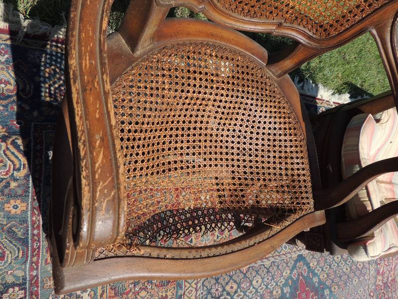 lot 129 image: 2 brown chairs  wicker back and sea...
