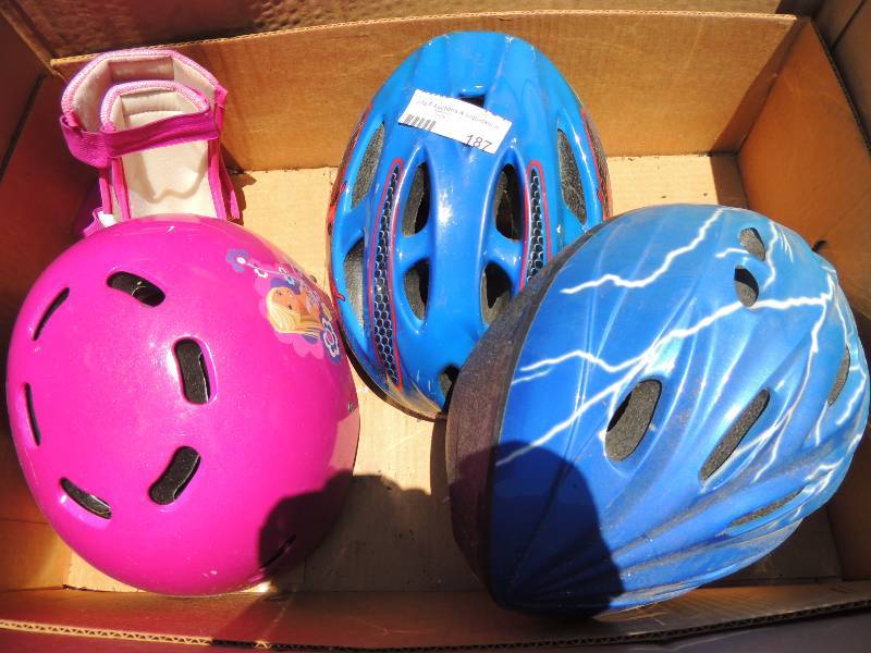 lot 187 image: 3 bike helmets,  one is a Barbie w ...