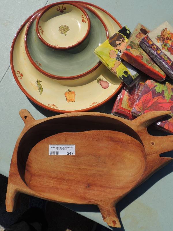 lot 247 image: Carved wooden pig (TEAK),  pottery ...