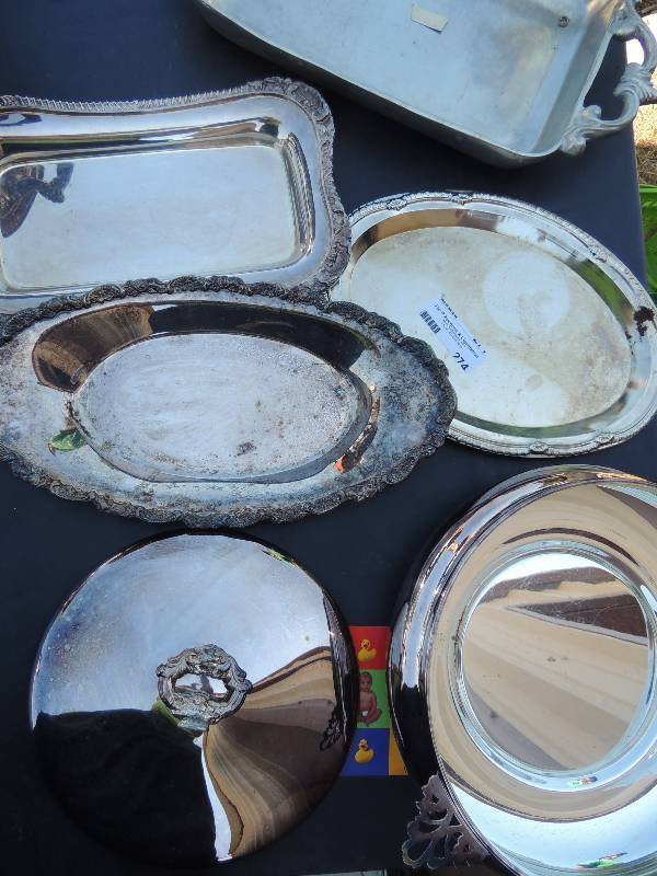 lot 274 image: 3 silver serving trays and a chaff...