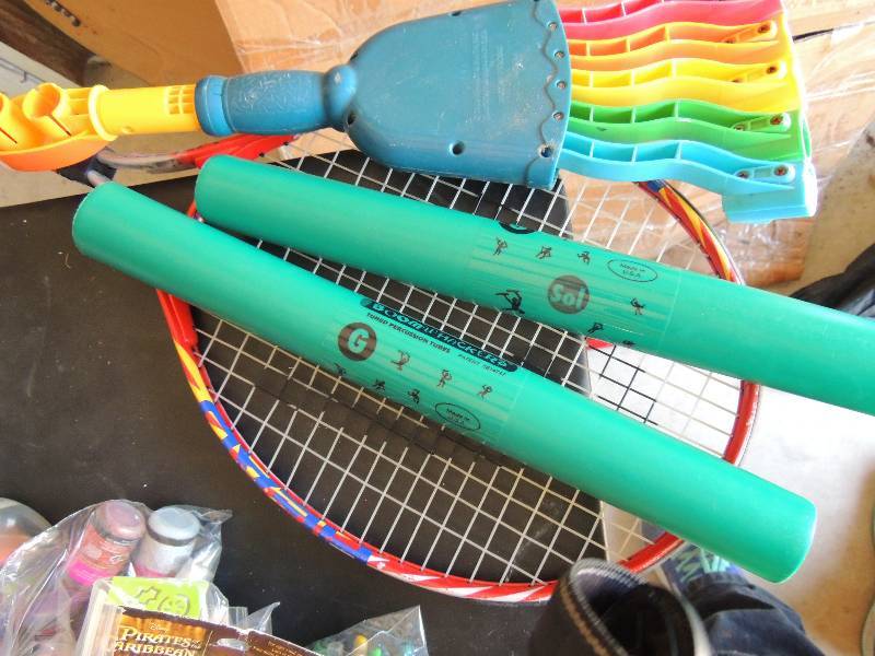 lot 300 image: Toys, tennis racket, CHALK rake, BO...