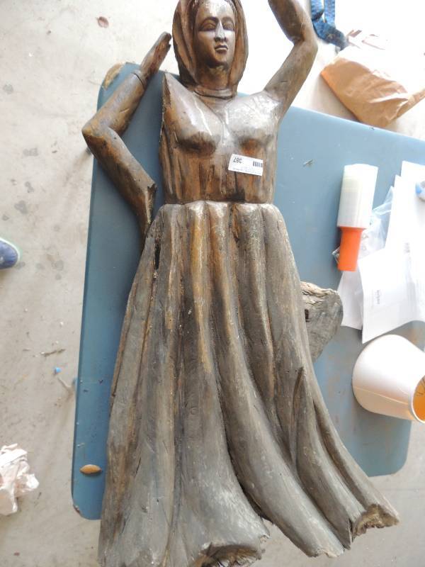 lot 387 image: Wooden statue- Lady carved from tre...