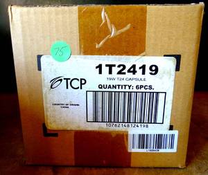 lot 75 image: NEW - TCP 1T2419 19 Watt, 120 Volt, E26 Base, 2700K Compact Fluorescent Bulb - SEALED CASE OF 6 $$