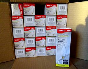 lot 96 image: NEW CASE OF 25 - SATCO A3662 Bulb, Incandescent, 60W, CA10, Candelabra Base, Decorative Light