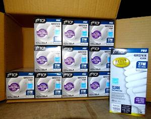 lot 104 image: TCP 4892741k CFL Pro A - Lamp - 100 Watt Equivalent (27W) Cool White (4100K) Full Spring Lamp Light Bulb (11X$)