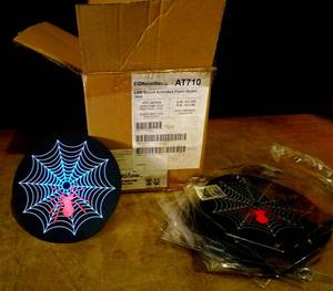 lot 129 image: ULTIMATE COOL - CG NOVELTIES LED SPIDER WEB SOUNDACTIVATED PATCH (FOR DISPLAY OR T-SHIRTS VIA 2 WAY TAPE) EACH UNIT IS BATTERY POWERED WITH ADJUSTBLE SETTING - REACTS TO ANY SOUND (15X$)