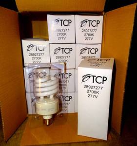 lot 130 image: $$$ CASE OF 12 - TCP 27W 277V Warm White Spiral CFL Bulb, E26 Base  TCP 2892727