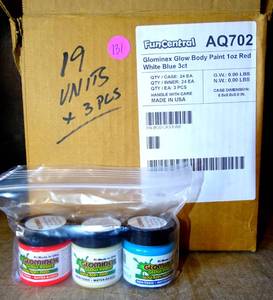 lot 131 image: BIG $ LOT - Glominex AQ702 Glow Paint 1 oz Jar - RED,WHITE,& BLUE SET OF 3 (18X$)
