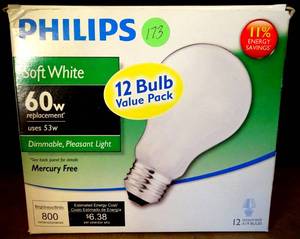 lot 173 image: PHILIPS A19 SOFT WHITE 60w DIMMABLE MERCURY FREE 12 BULB VALUE PACK