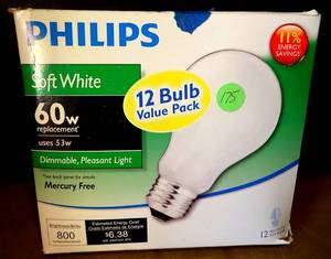 lot 175 image: PHILIPS A19 SOFT WHITE 60w DIMMABLE MERCURY FREE 12 BULB VALUE PACK