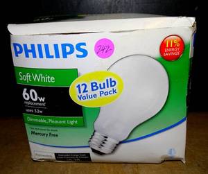 lot 242 image: PHILIPS A19 SOFT WHITE 60w DIMMABLE MERCURY FREE 12 BULB VALUE PACK