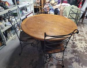 lot 40 image: WROUGHT IRON BASE WITH WOODEN TOPS DINING ROOM SET IN STYLECOLOR SHOWN. HEAVY. (SOLD 5 X THE MONEY)
