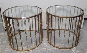 lot 58 image: (2) NEW METAL FRAME WITH GLASS TOP ROUND ACCENT TABLES IN STYLECOLOR SHOWN. (SOLD 2 X THE MONEY)