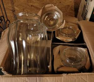 lot 216 image: (4) NEW GLASS BEVERAGE DISPENSERS MISSING SPIGOTS.