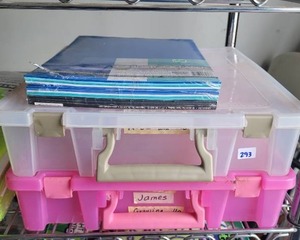 lot 293 image: PLASTIC SCRAPBOOK PAPER TOTES PLUS CARDSTOCK PAPER.