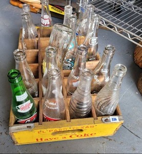 lot 326 image: VINTAGE COCA-COLA WOODEN CARRIER WITH ASSORTED SODA BOTTLES AS SHOWN.
