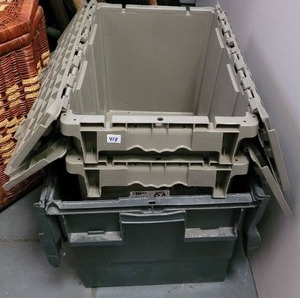 lot 418 image: (3) PLASTIC STORAGE TOTES WITH ATTACHED LIDS.