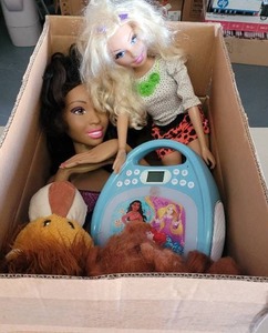 lot 437 image: BOX LOT OF DOLLS AND GAMES.