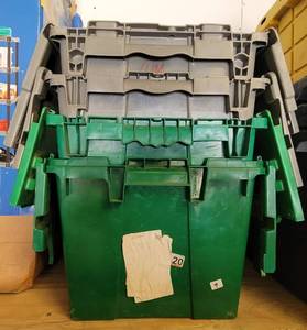 lot 9 image: (4) PLASTIC STORAGESHIPPING TOTES WITH ATTACHED LIDS.