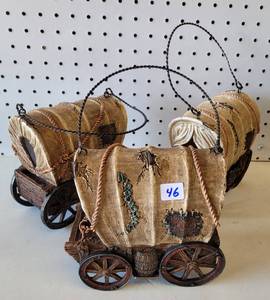 lot 46 image: (3) NEW, DECORATIVE RESIN WAGONS