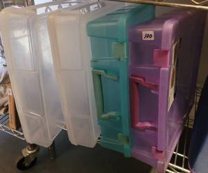lot 100 image: (4) PLASTIC SCRAPBOOK PAPER 12 X 12 STORAGE TOTES.