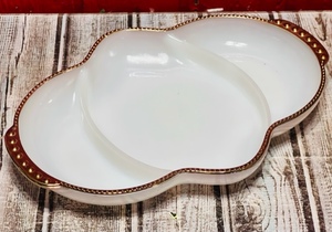 lot 45 image: Vintage Fire-King Oven Ware Gold Trimmed Milk Glass Divided Serving Platter