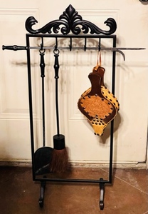 lot 66 image: Four Piece Cast Iron Fireplace Set - Including Bellows