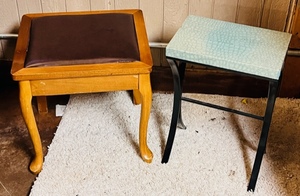 lot 69 image: Two Unusual Vintage Vanity Type Stools W Wooden One Having Piano Bench Type Under the Seat Storage