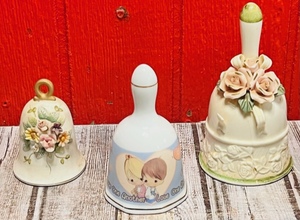 lot 163 image: 2000 Precious Moments Love One Another Porcelain Bell &amp Vintage Lefton Matte Ceramic W Raised Flowers, Gold Handle, and Heart Clapper &amp Porcelain Roses Bells