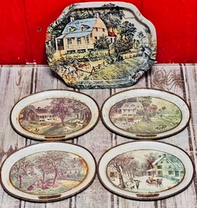 lot 166 image: Set of 4 Vintage Fabcraft Currier and Ives Tin Trays American Homestead 4 Season USA &amp Square Autumn Tray
