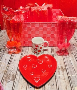 lot 169 image: Valentines Day Basket - Includes Nancy Pew I Love You Coffee Cup, Kohls Heart-Shaped Ceramic Platter, &amp Six Sets of 2 Pink &amp Red Valentines Glasses