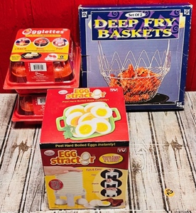 lot 172 image: Set of Two Deep Fry Baskets,Two Egglettes Hard Boiled Egg Makers, &amp an EGGstractor Hard Boiled Egg Peeler