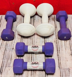 lot 147 image: Four 5lbs  Two 3.3lbs Dumbbells&nbsp