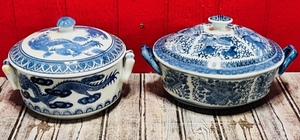 lot 20 image: Vintage Chinoiserie Blue White Dragons Covered Handled Casserole Dish &amp Antique Chinese Blue &amp White Lidded Asian Family Serving Dish