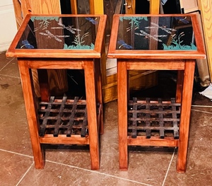 lot 81 image: Unique Pair Of Wooden End Tables WDragonfly Designed Stone Insert Tops