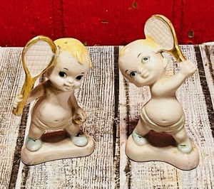 lot 95 image: AntiqueVintage Infant Tennis Players Salt &amp Pepper Shakers