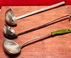 lot 237 image: Three Stainless Steel CookingCanning DippersLadles - Including Vintage Earthgrown wGreen Handle &amp Vollrath