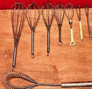 lot 238 image: Lot of Seven Stainless Steel Wisks &amp Vintage Whipping Tool - Including Vintage Frenchs Wisk