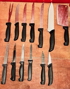lot 241 image: Eleven Stainless Steel Kitchen Knives, Meat Cleaver, &amp Setving Fork