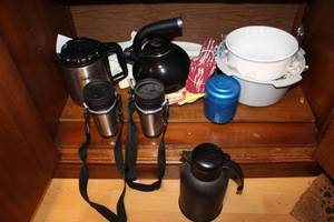 lot 39 image: Travel Mugs, Thermoses, French White Serving Dish, and Tea Kettle