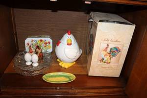 lot 44 image: Chicken Lot Chicken Cookie Jar, Ceramic Rooster, Egg Salt and Pepper Shaker, Egg Platter and Corn Butter Dish