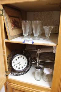 lot 55 image: Wall Clock, Fruit Picture, Ice cream Sundae dishes, wire racks, Glass jars