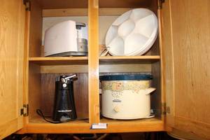 lot 60 image: Toaster, Can opener, Tupperware server, Crockpot (missing lid)