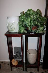 lot 76 image: (2) Cherry finish plant stands, planters and furniture movers