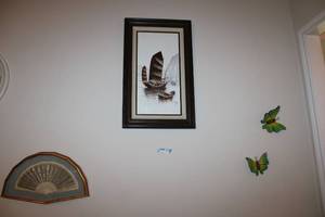 lot 85 image: Sailboat artwork, Framed Folding Hand Fan, Ceramic butterflies