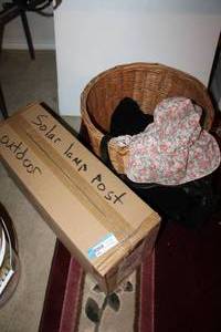 lot 99 image: Outdoor Solar 80 Lamp Post Still in Box, Laundry Basket and contents
