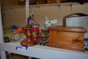 lot 279 image: Home Dcor candle holders, ceramic bunny, blue glass vase, resin figurines