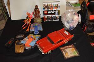 lot 293 image: Toy Lot Pencil tops, Cars, Lego Star Wars Encyclopedia, personal fans