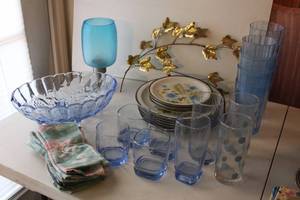 lot 122 image: Blue Glassware and Bowl, Vintage Plate Set, Brass Leaf wall dcor