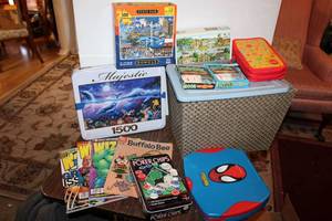 lot 117 image: Kids Lot Puzzles, Rook cards, colored pencils and markers, Vintage 1959 Buffalo Bee Comic Book, Poker chips